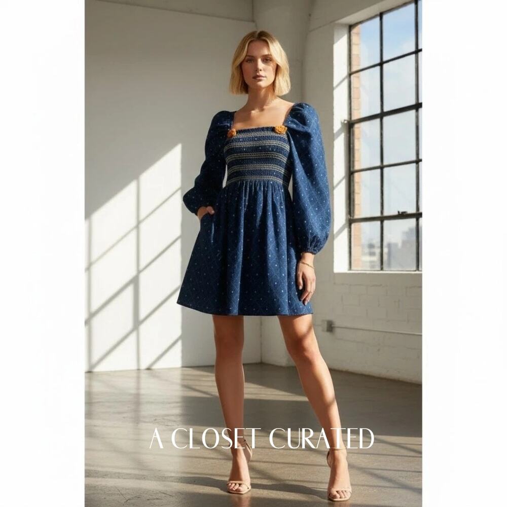 Figue Peony Puff Sleeve Mini Dress Small Blue NWT